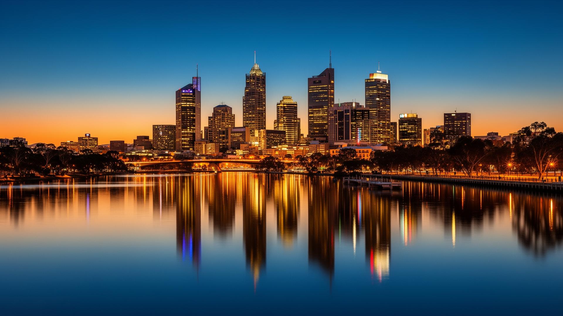 Perth skyline at twilight reflected in the Swan River